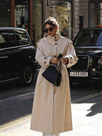 Beige High-Neck Belted Trench Coat