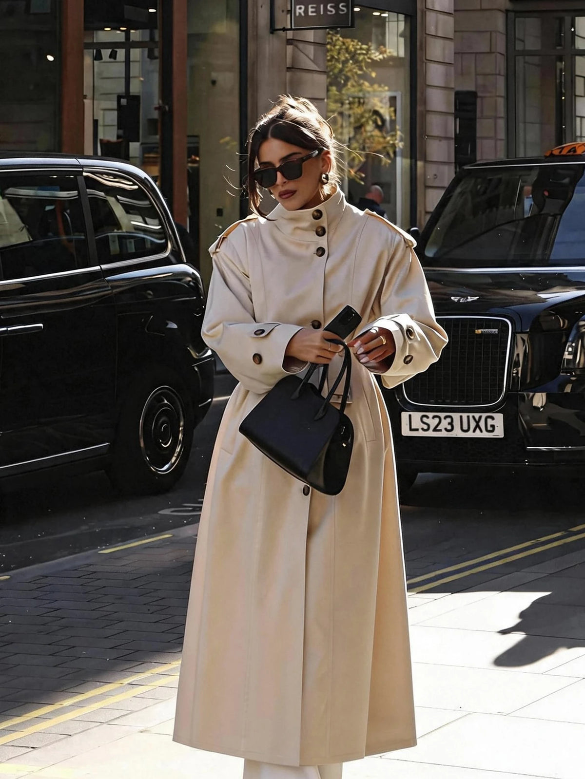 Beige High-Neck Belted Trench Coat