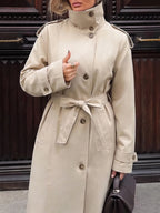 Beige High-Neck Belted Trench Coat