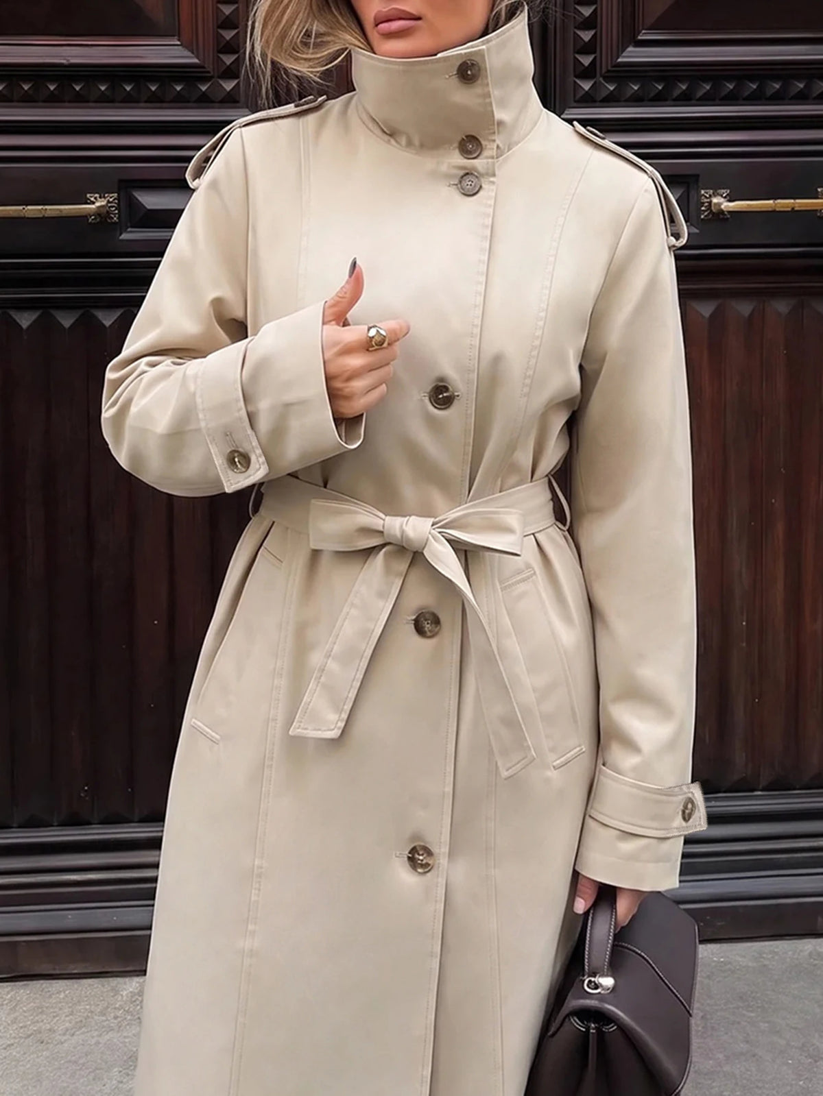 Beige High-Neck Belted Trench Coat