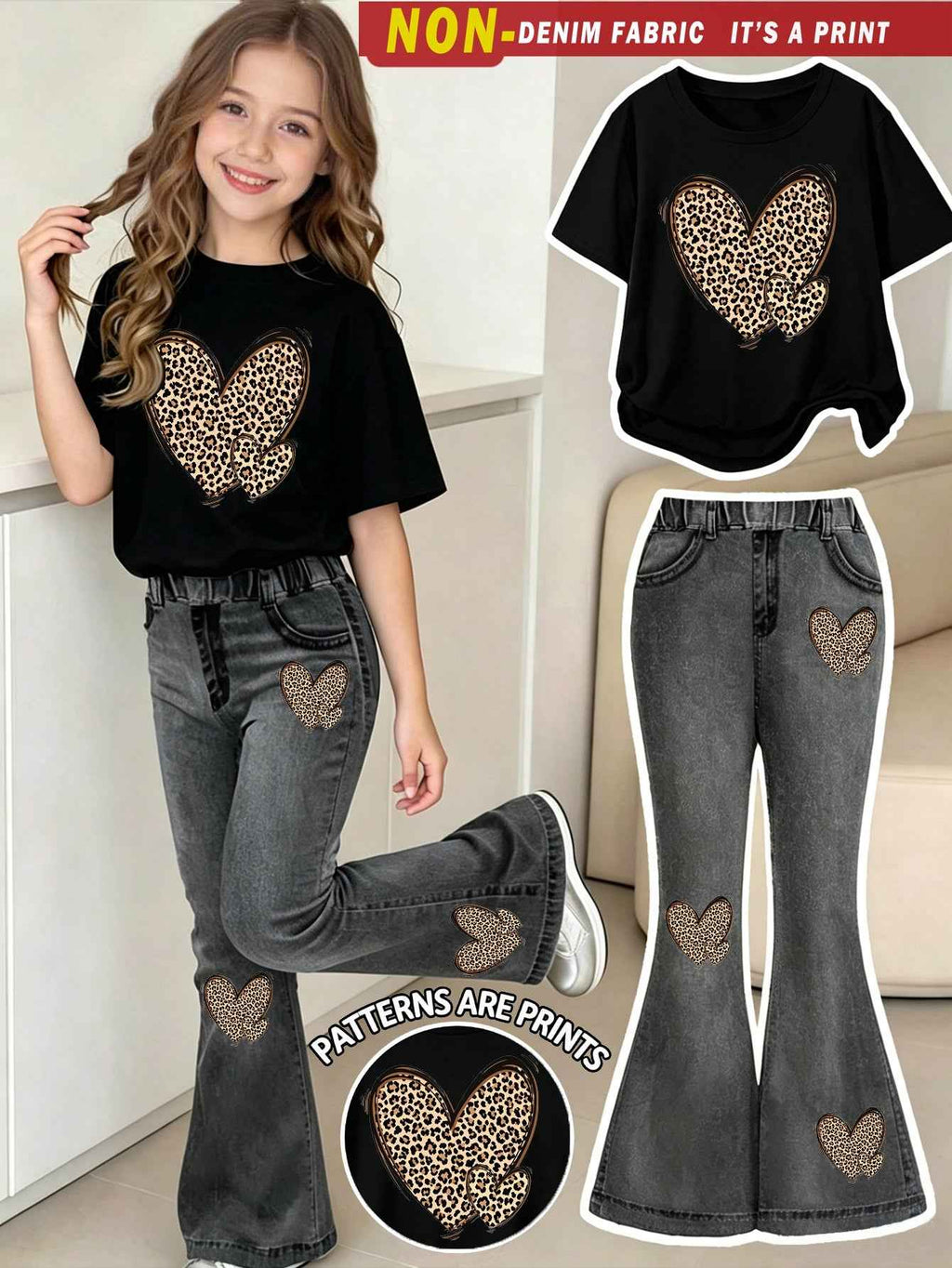 Girl Leopard Print Bow Graphic T-Shirt And Flare Pants Set