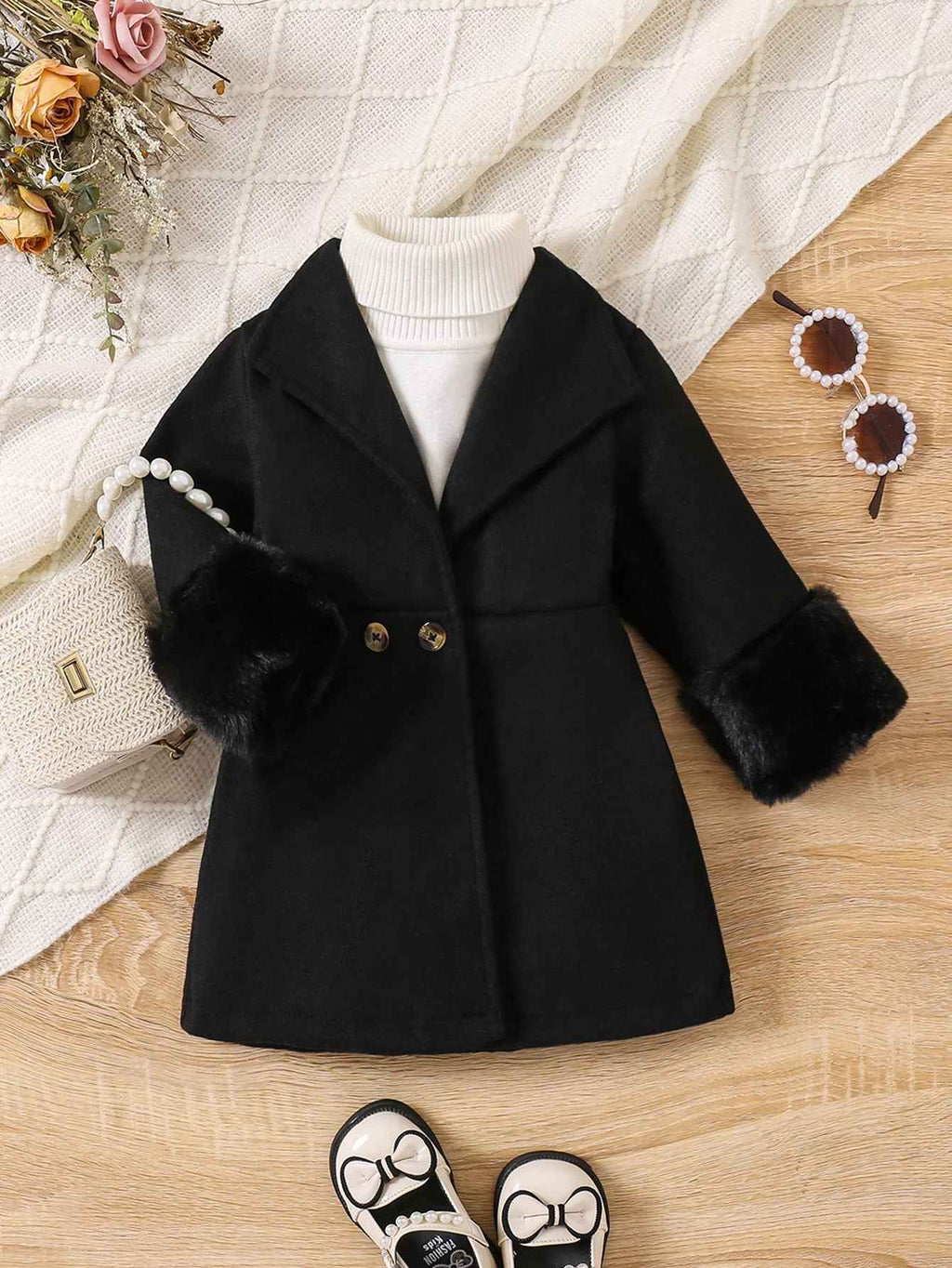Wool Blend Coat With Faux Fur Cuff Design