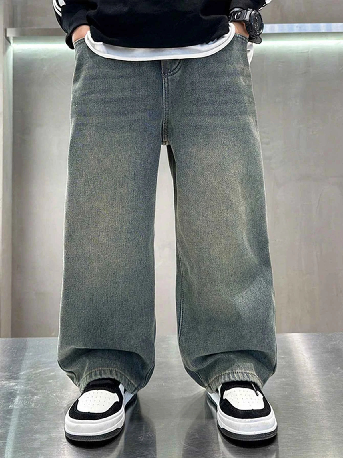 Boy Loose Fit Pockets Solid Color Denim Wide Leg Pants