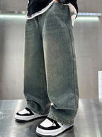 Boy Loose Fit Pockets Solid Color Denim Wide Leg Pants
