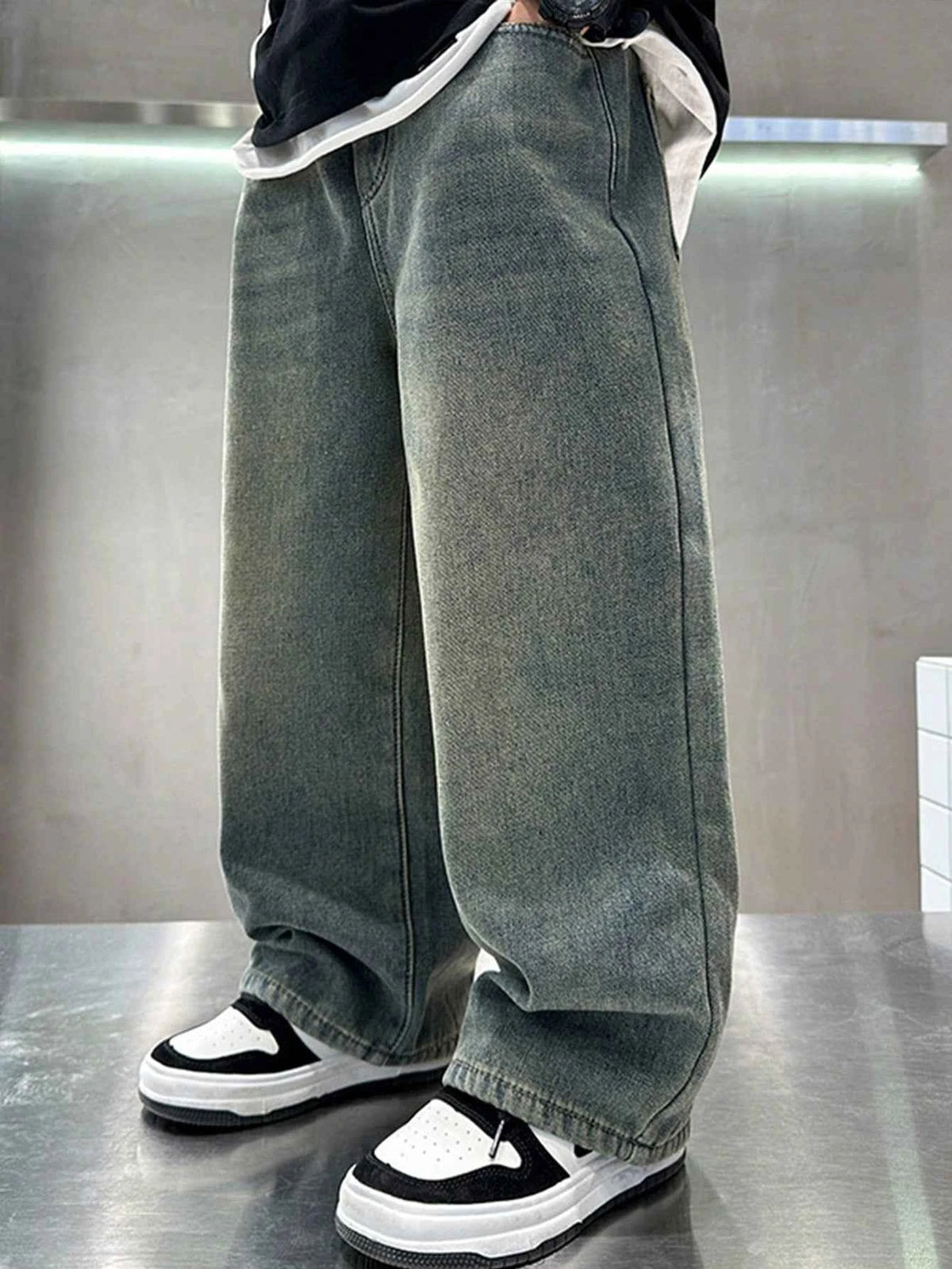 Boy Loose Fit Pockets Solid Color Denim Wide Leg Pants