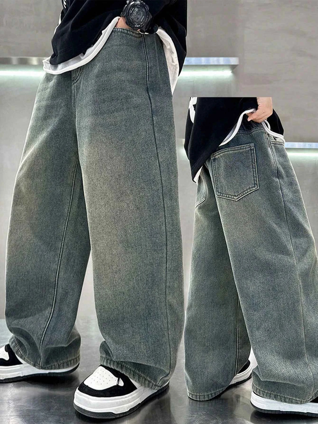 Boy Loose Fit Pockets Solid Color Denim Wide Leg Pants