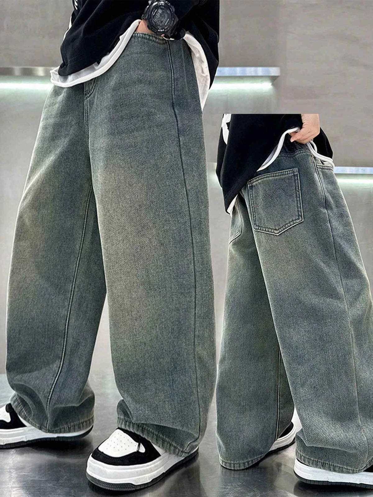 Boy Loose Fit Pockets Solid Color Denim Wide Leg Pants