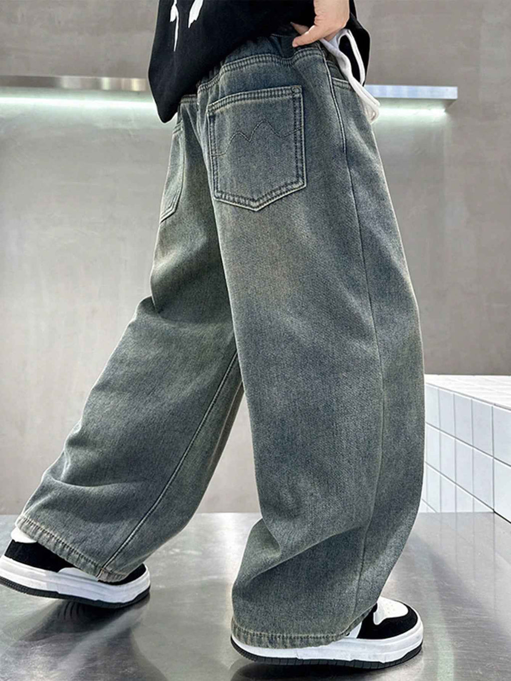 Boy Loose Fit Pockets Solid Color Denim Wide Leg Pants