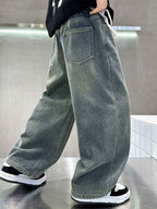 Boy Loose Fit Pockets Solid Color Denim Wide Leg Pants