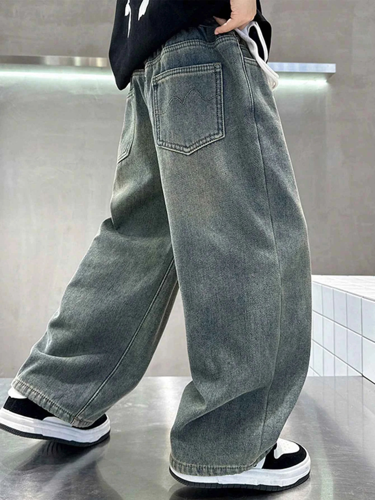 Boy Loose Fit Pockets Solid Color Denim Wide Leg Pants