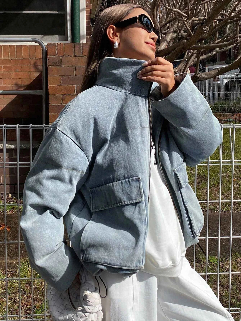 Color Block Collar Pocket Denim Padded Coat