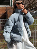 Color Block Collar Pocket Denim Padded Coat