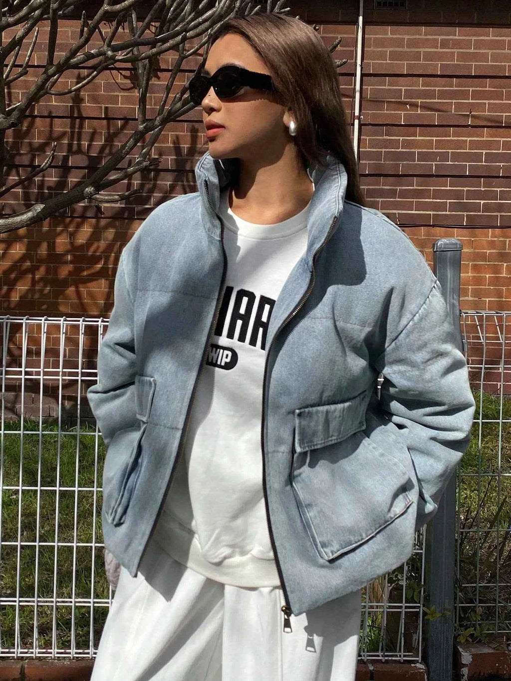 Color Block Collar Pocket Denim Padded Coat