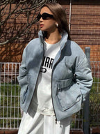 Color Block Collar Pocket Denim Padded Coat
