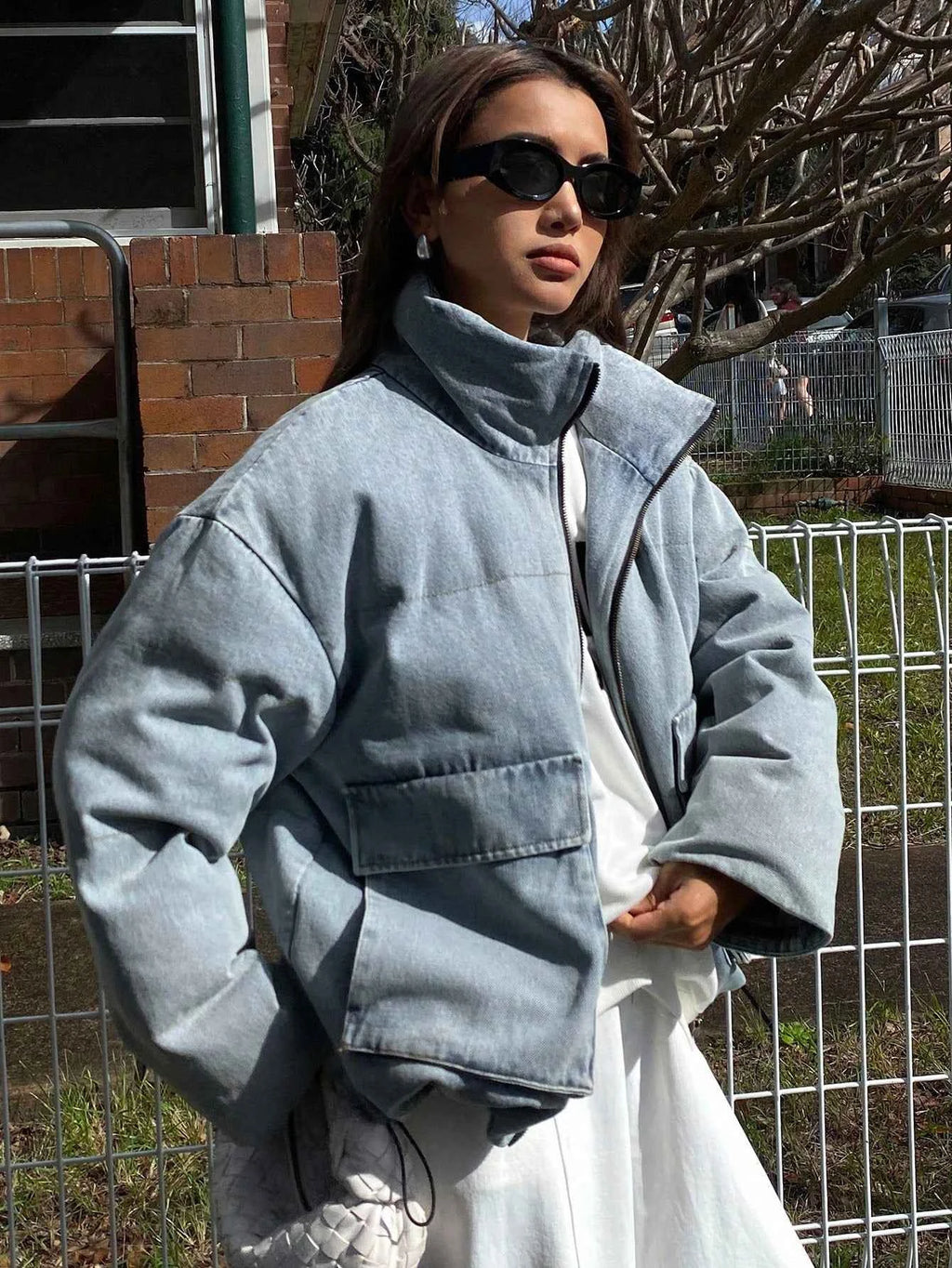 Color Block Collar Pocket Denim Padded Coat