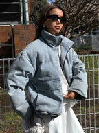 Color Block Collar Pocket Denim Padded Coat