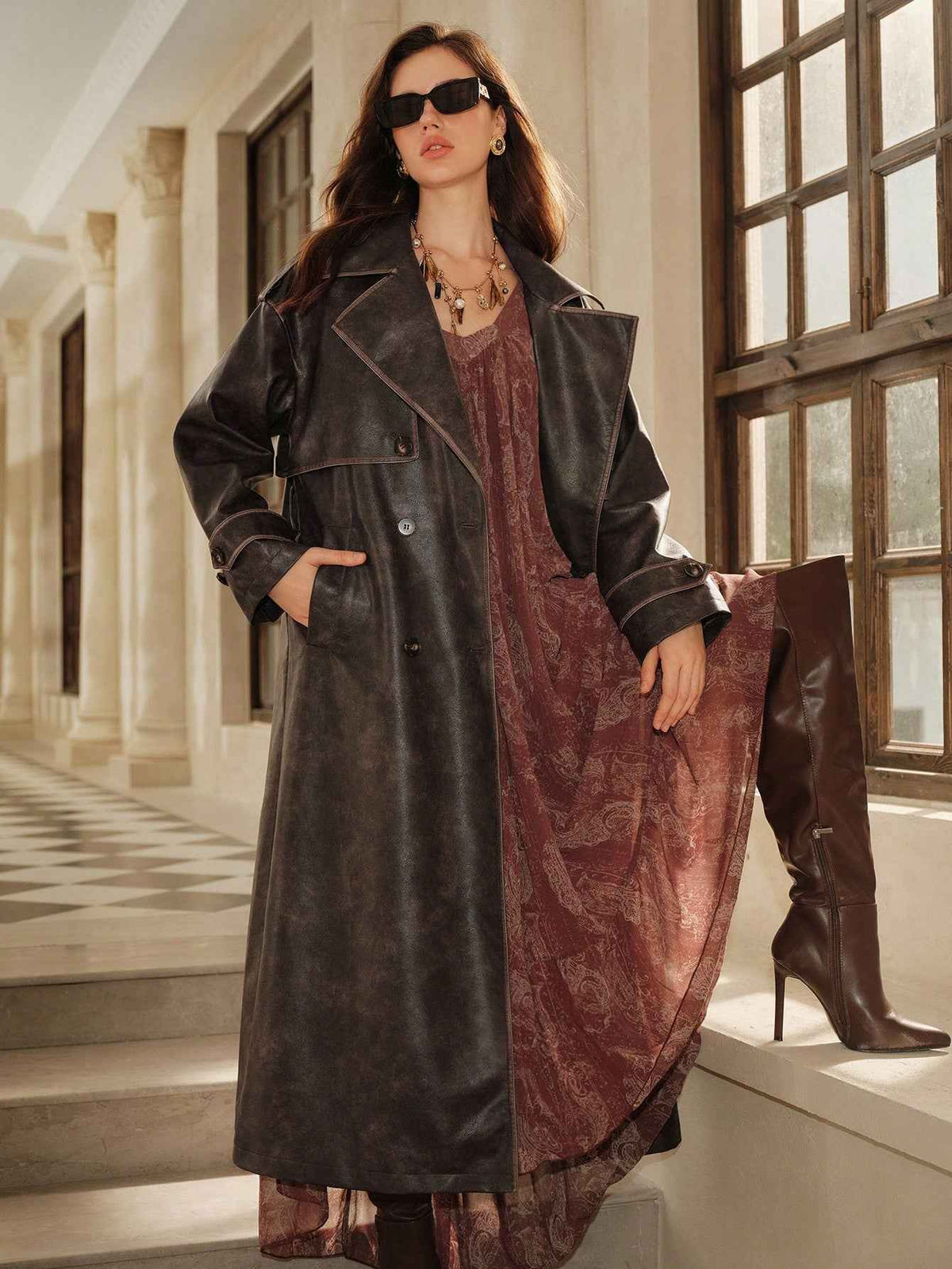 Vintage Long Leather Windbreaker