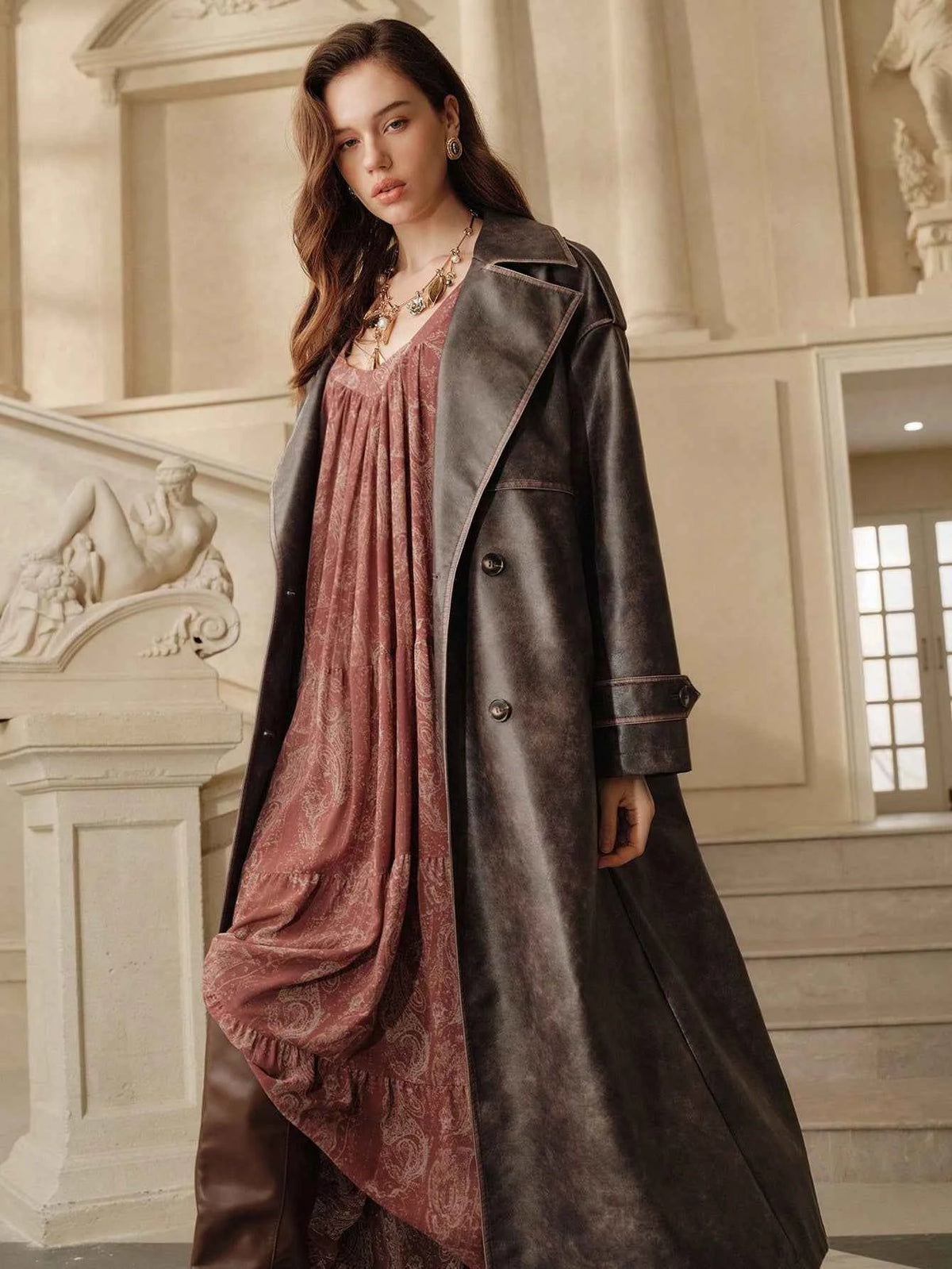 Vintage Long Leather Windbreaker
