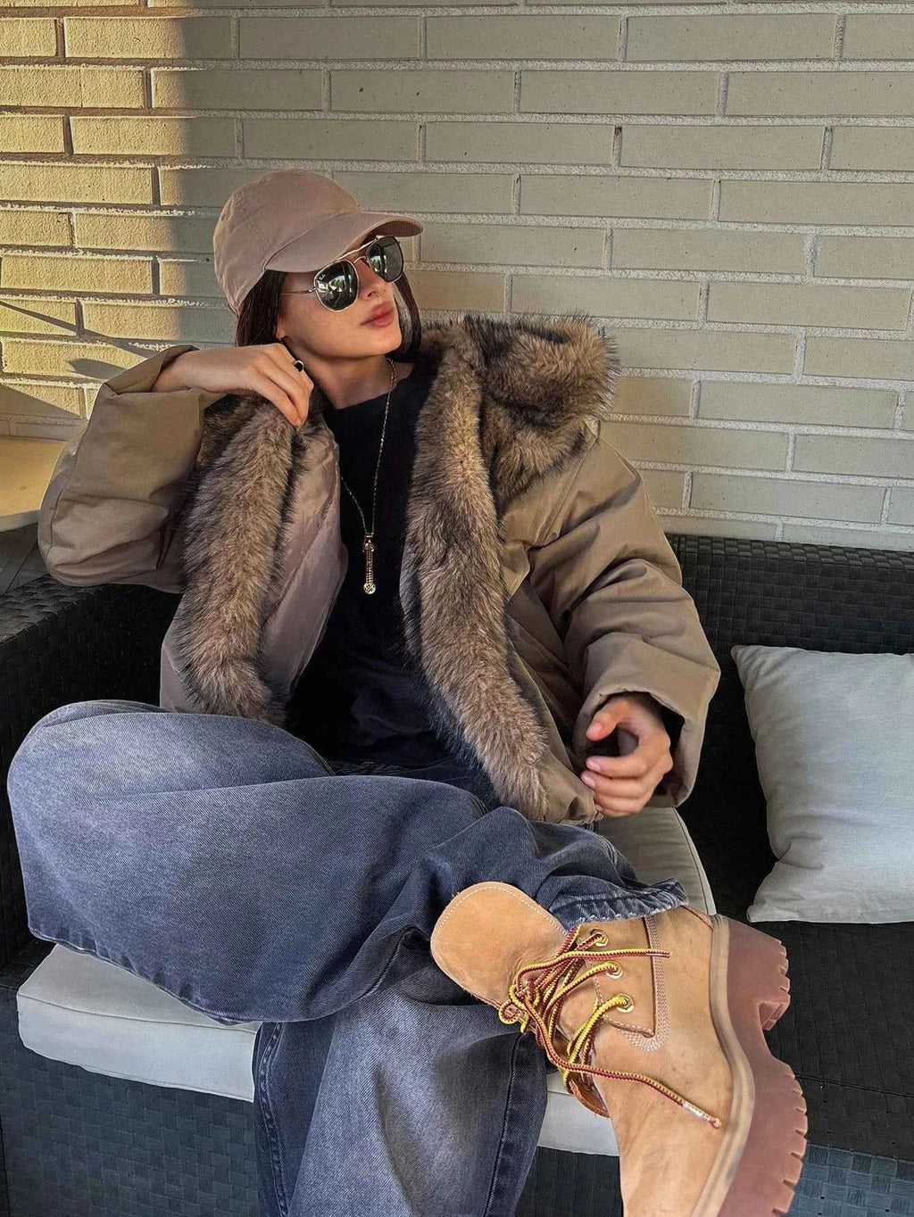 Patchwork Fur Collar Loose Long Sleeve Hooded Jacket