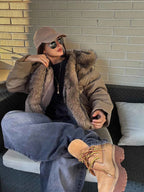 Patchwork Fur Collar Loose Long Sleeve Hooded Jacket