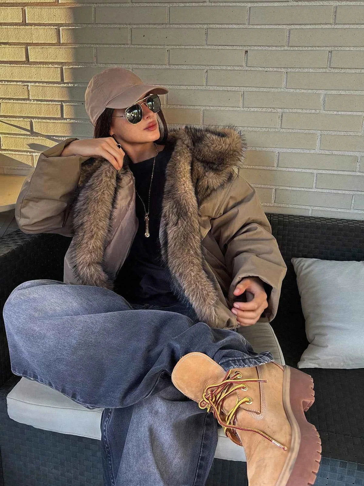 Patchwork Fur Collar Loose Long Sleeve Hooded Jacket
