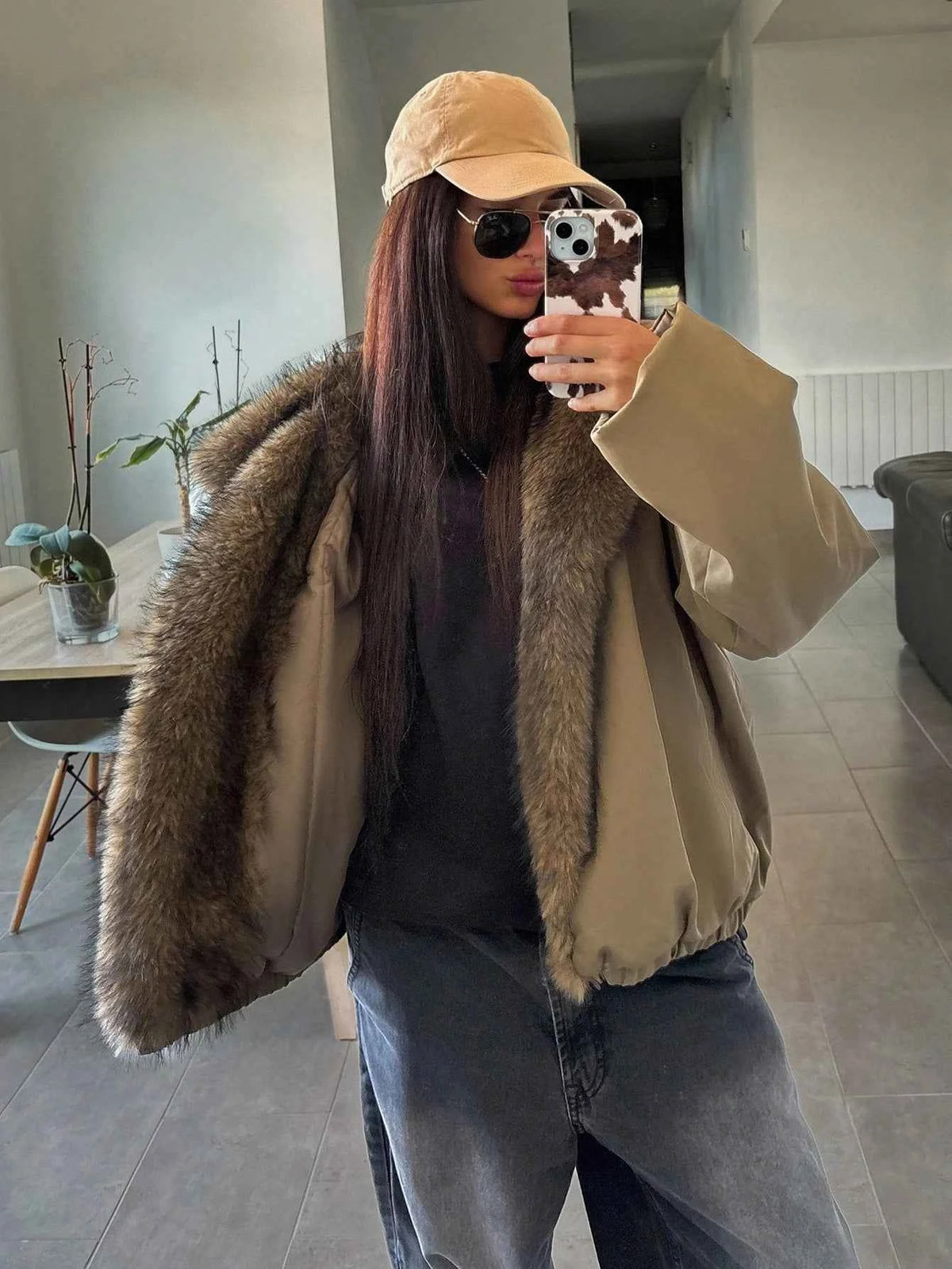 Patchwork Fur Collar Loose Long Sleeve Hooded Jacket