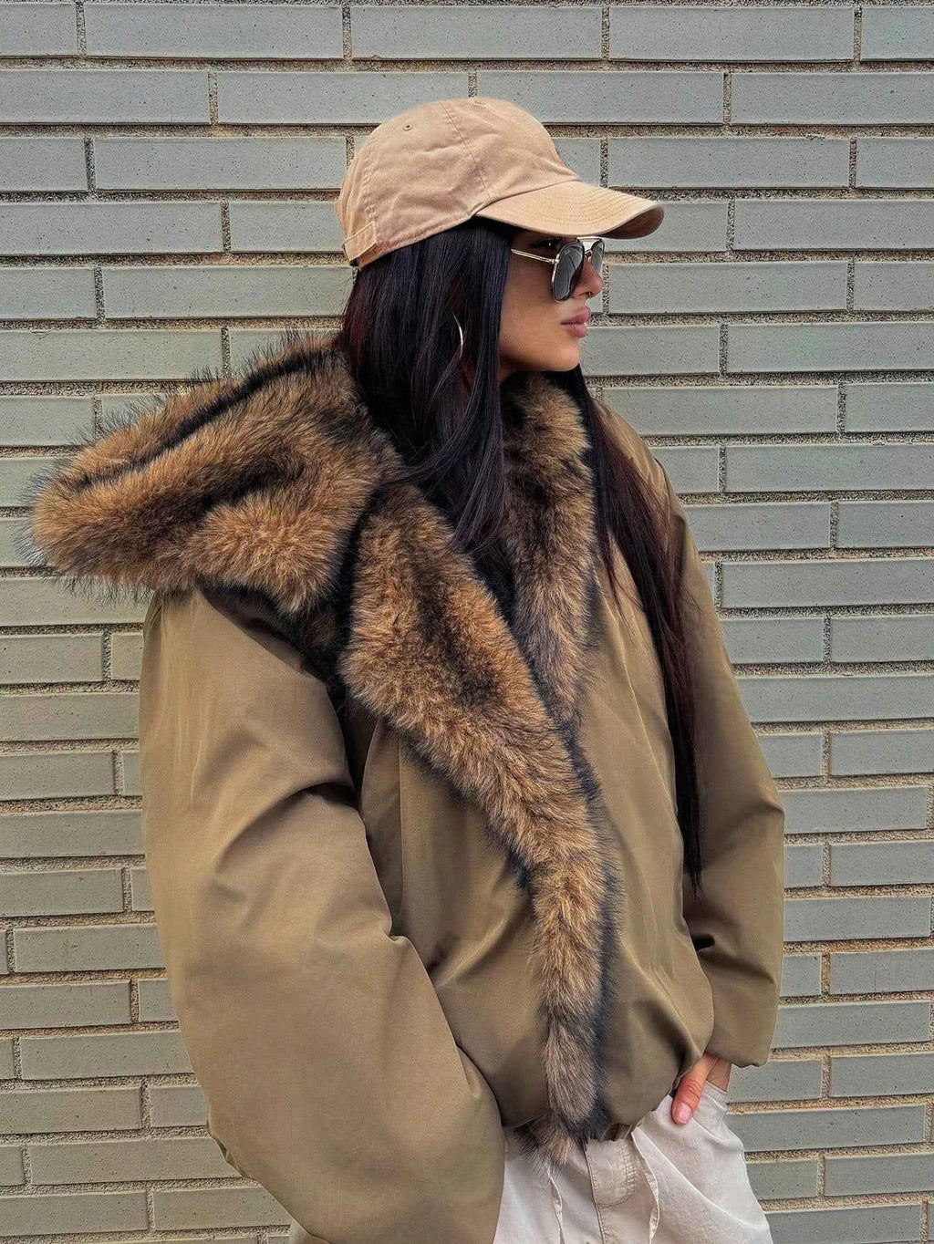 Patchwork Fur Collar Loose Long Sleeve Hooded Jacket
