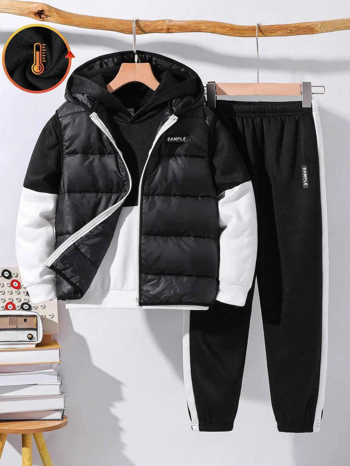 3pcs Kids/Tween Boys Black And White Contrast Color Hoodie