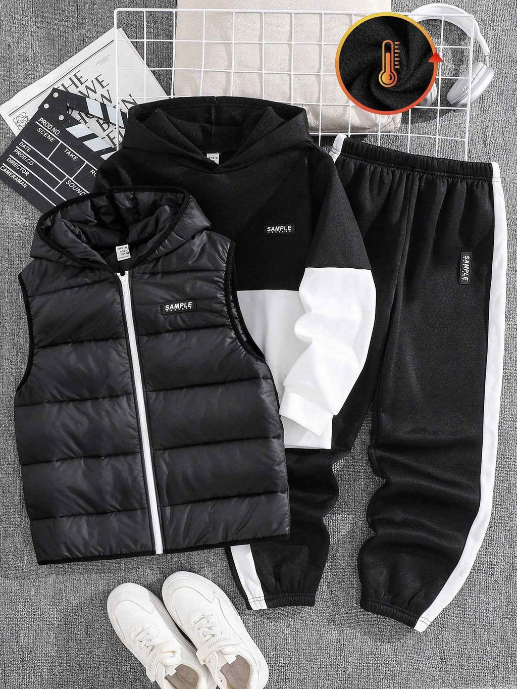 3pcs Kids/Tween Boys Black And White Contrast Color Hoodie