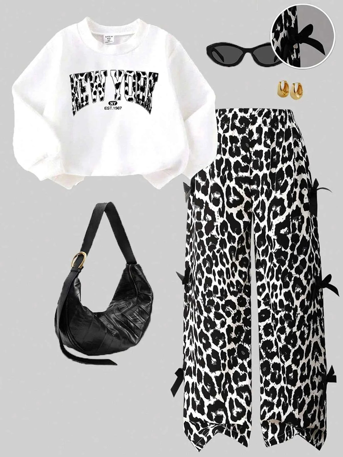 Girls 2 Piece Outfit Set Letter Print Crew Neck Long Sleeve Sweatshirt & Leopard Print Wide Leg Pants