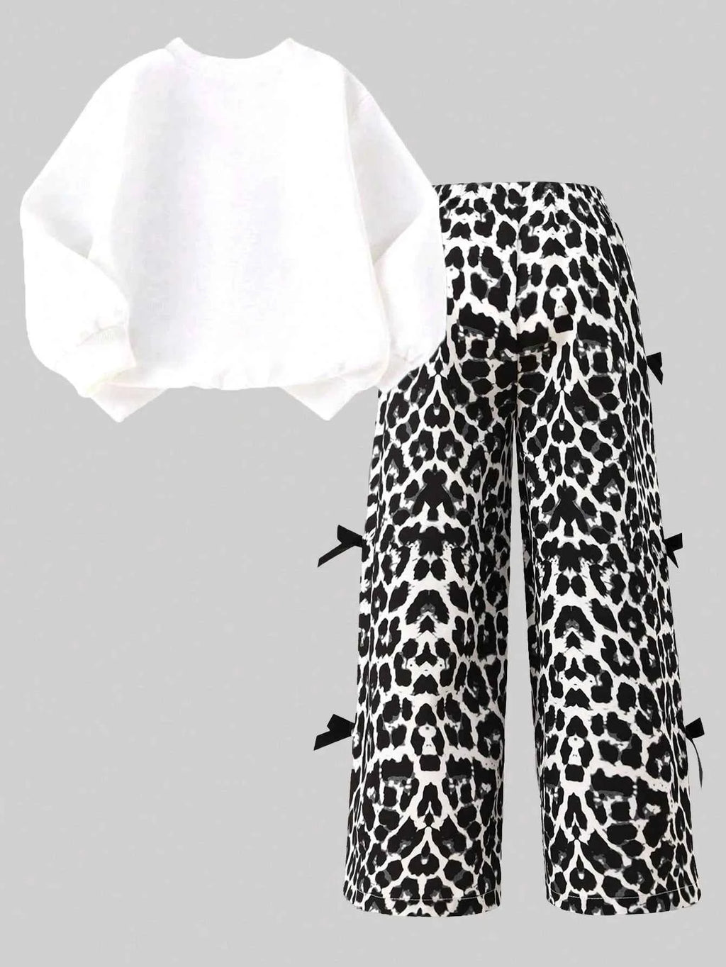 Girls 2 Piece Outfit Set Letter Print Crew Neck Long Sleeve Sweatshirt & Leopard Print Wide Leg Pants