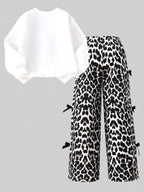 Girls 2 Piece Outfit Set Letter Print Crew Neck Long Sleeve Sweatshirt & Leopard Print Wide Leg Pants