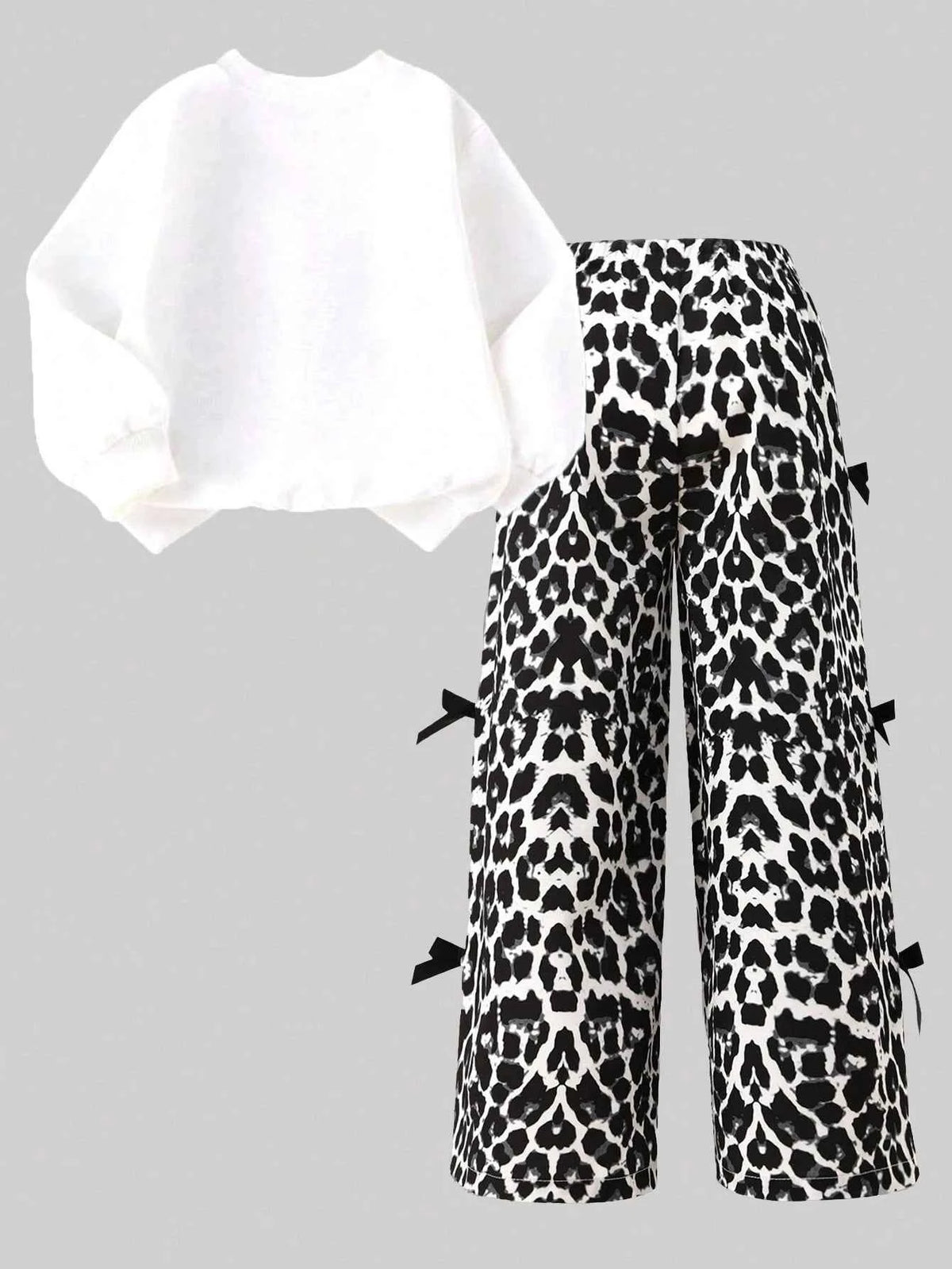 Girls 2 Piece Outfit Set Letter Print Crew Neck Long Sleeve Sweatshirt & Leopard Print Wide Leg Pants