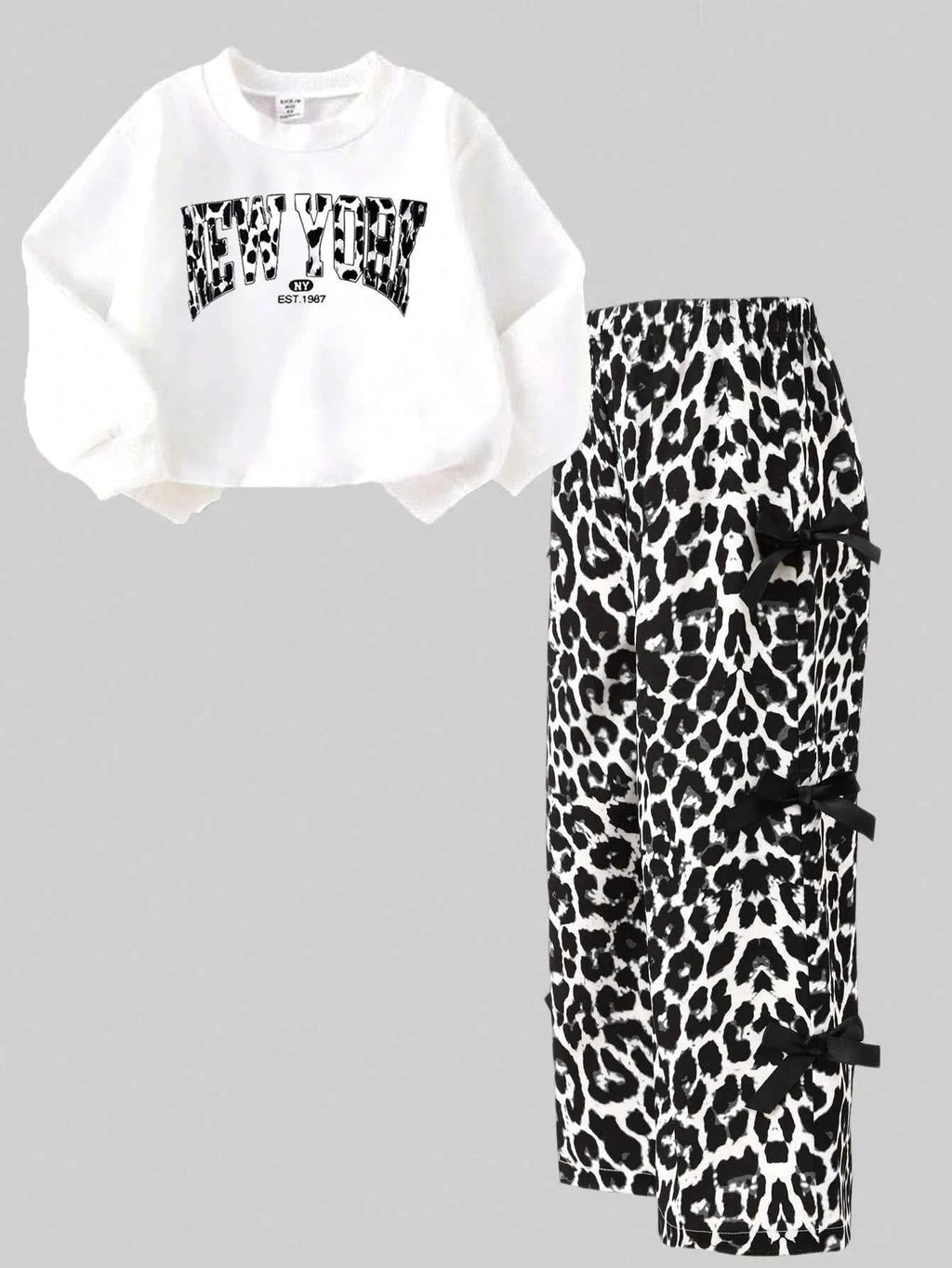 Girls 2 Piece Outfit Set Letter Print Crew Neck Long Sleeve Sweatshirt & Leopard Print Wide Leg Pants