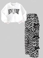 Girls 2 Piece Outfit Set Letter Print Crew Neck Long Sleeve Sweatshirt & Leopard Print Wide Leg Pants