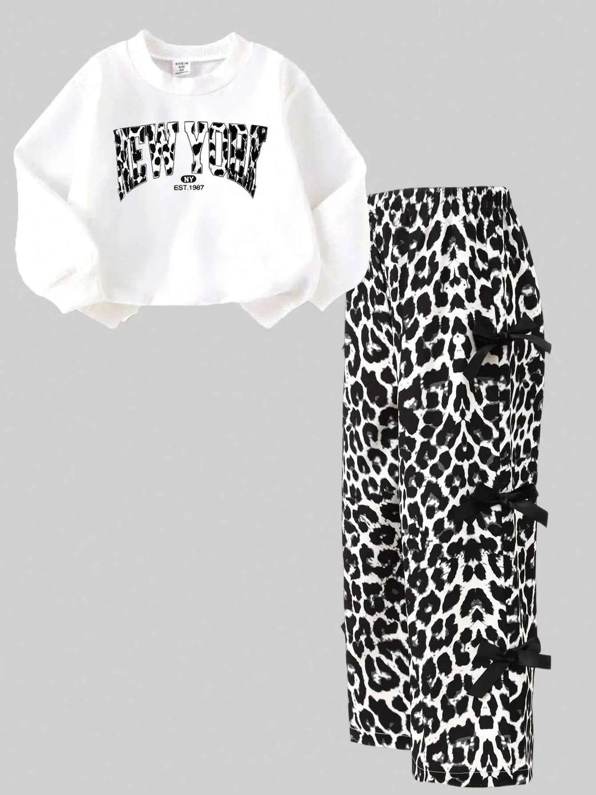 Girls 2 Piece Outfit Set Letter Print Crew Neck Long Sleeve Sweatshirt & Leopard Print Wide Leg Pants