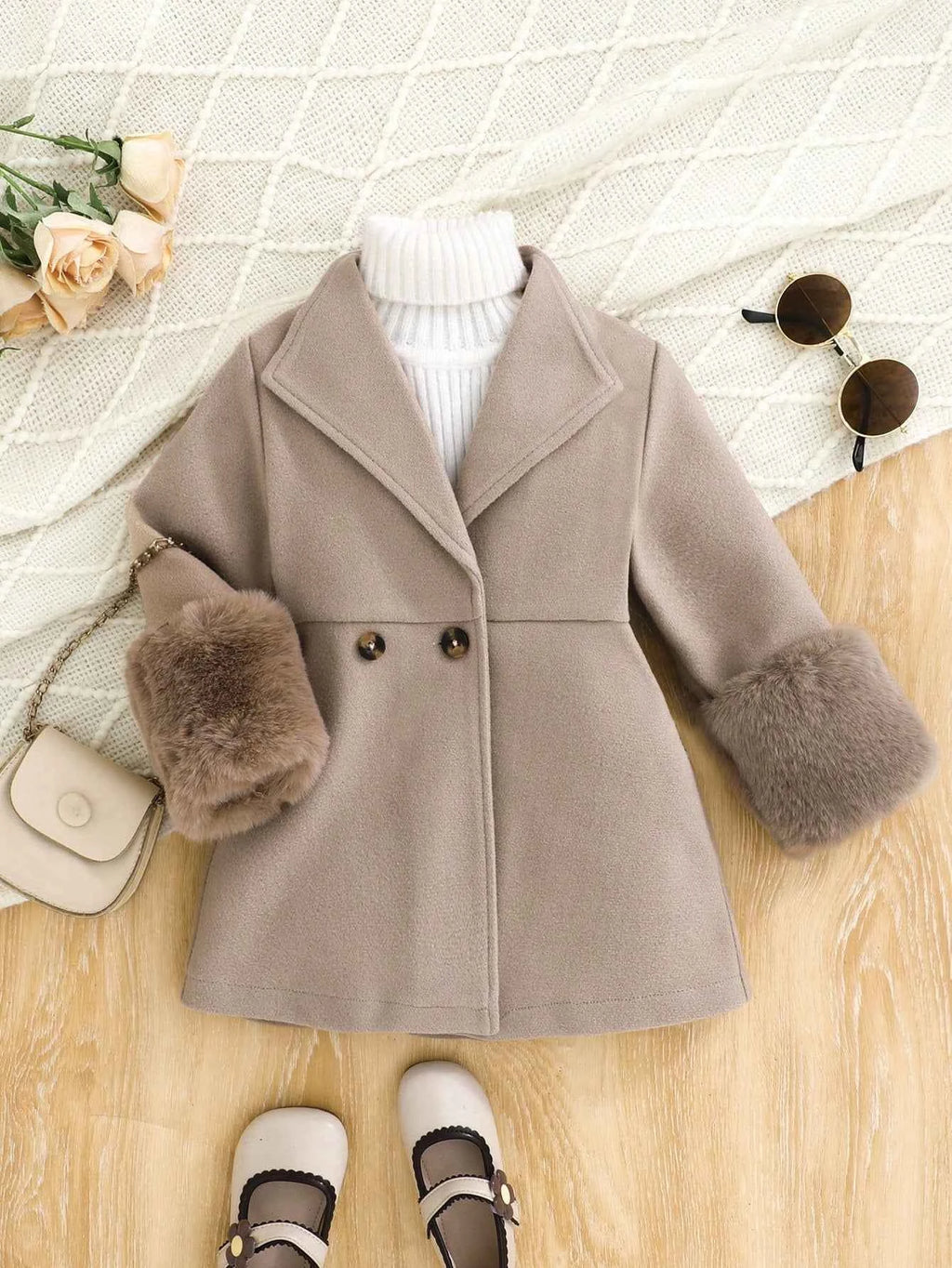 Wool Blend Coat With Faux Fur Cuff Design
