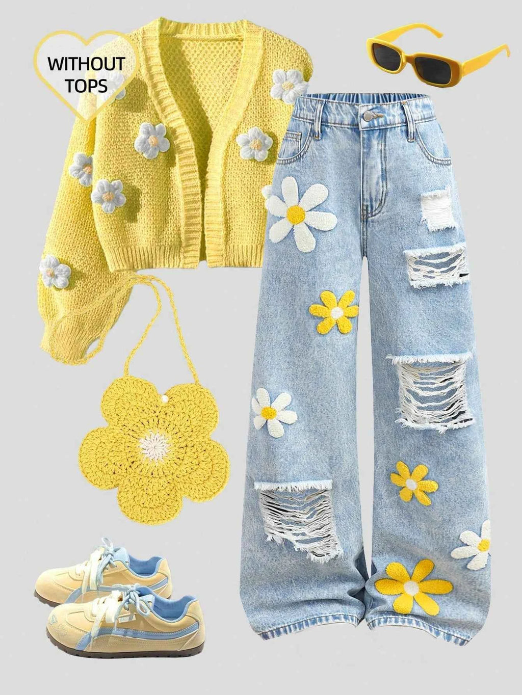 Girl Fashion Distressed Embroidered Wide Leg Jeans