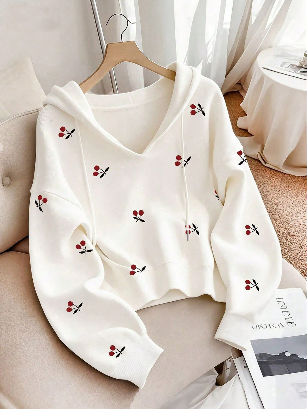 Women Cherry Print Hooded Sweatshirt - White