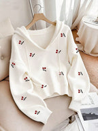 Women Cherry Print Hooded Sweatshirt - White