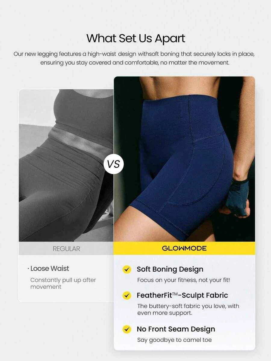 GLOWMODE 4.3" FeatherFit™-Sculpt CoreHold Short de Biker Ultra Doux et Élastique avec Poches Latérales et Contrôle du Ventre