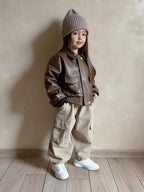 Young Girl' Loose Fit Casual Leather Jacket