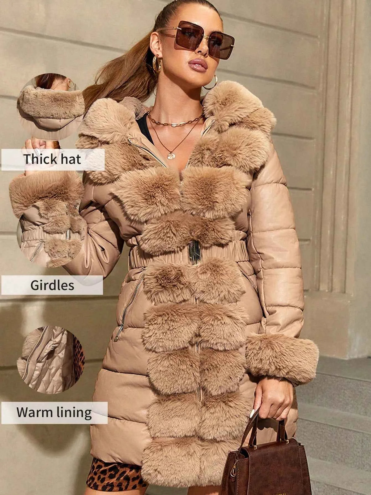 Women's Fashion Faux Fur Slim Long Thick Coat With Hood