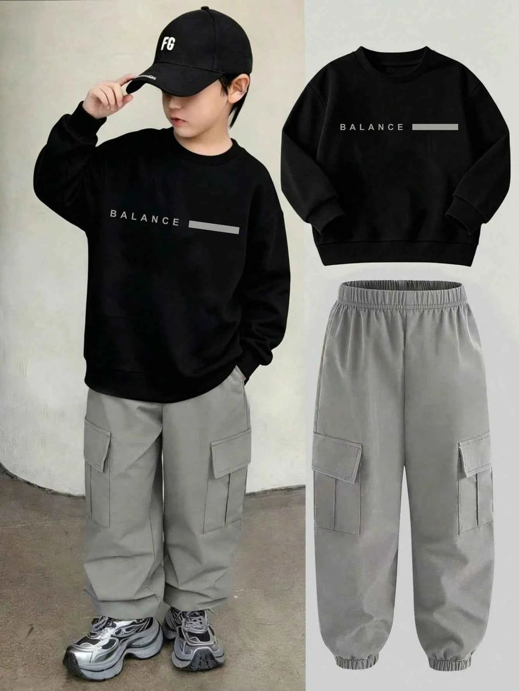 Boy Loose Crew Neck Pullover Sweatshirt And Cargo Jogger Pants Set