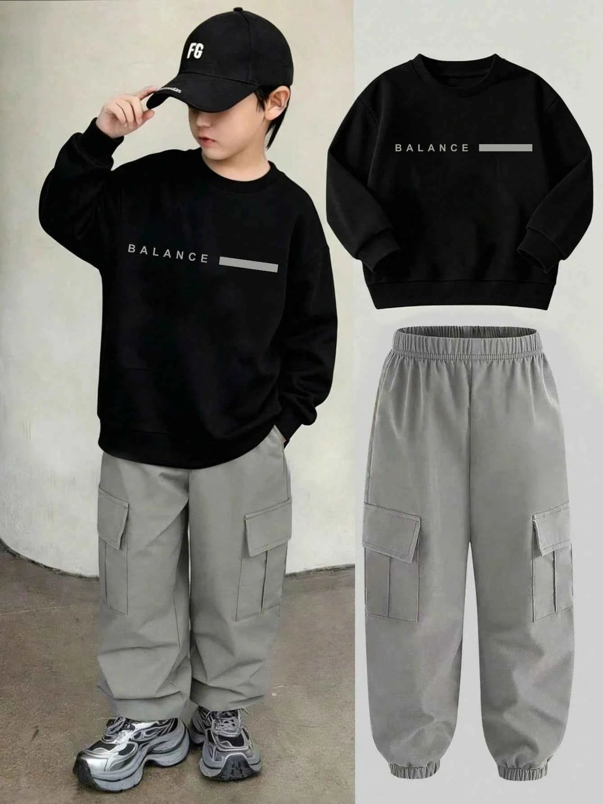 Boy Loose Crew Neck Pullover Sweatshirt And Cargo Jogger Pants Set