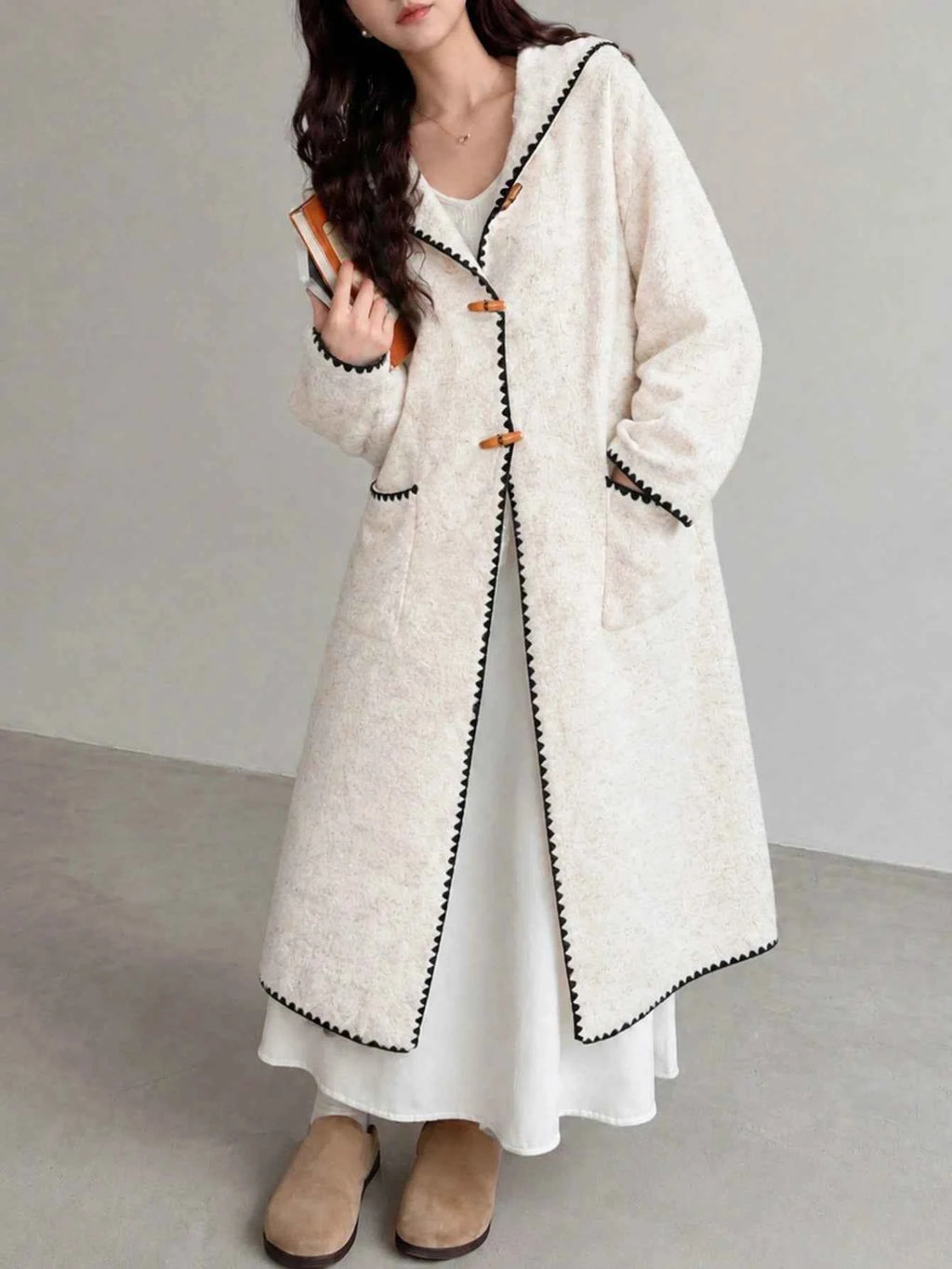 Women's Casual Contrast Color Trim Hooded Cardigan Sweater Coat
