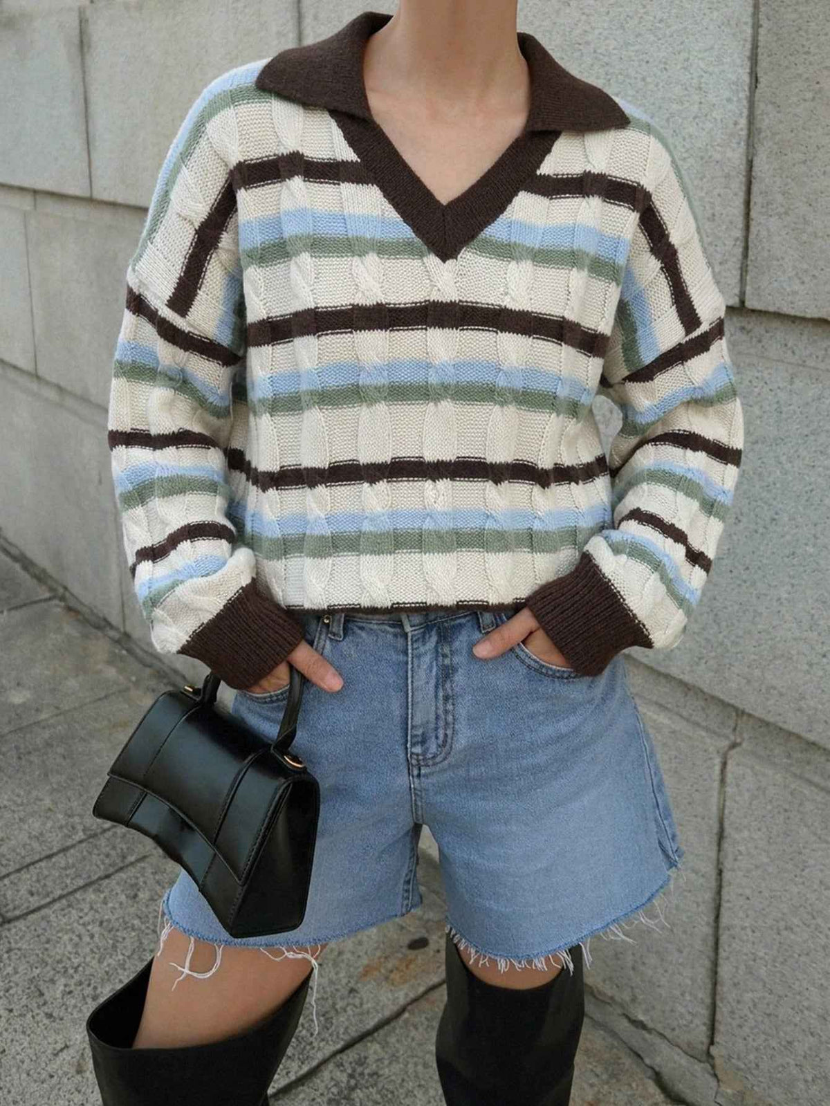 DAZY Women's Digital Stripe Raglan Long Sleeve Casual Loose Pullover Sweater Fall
