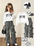 Girls 2 Piece Outfit Set Letter Print Crew Neck Long Sleeve Sweatshirt & Leopard Print Wide Leg Pants