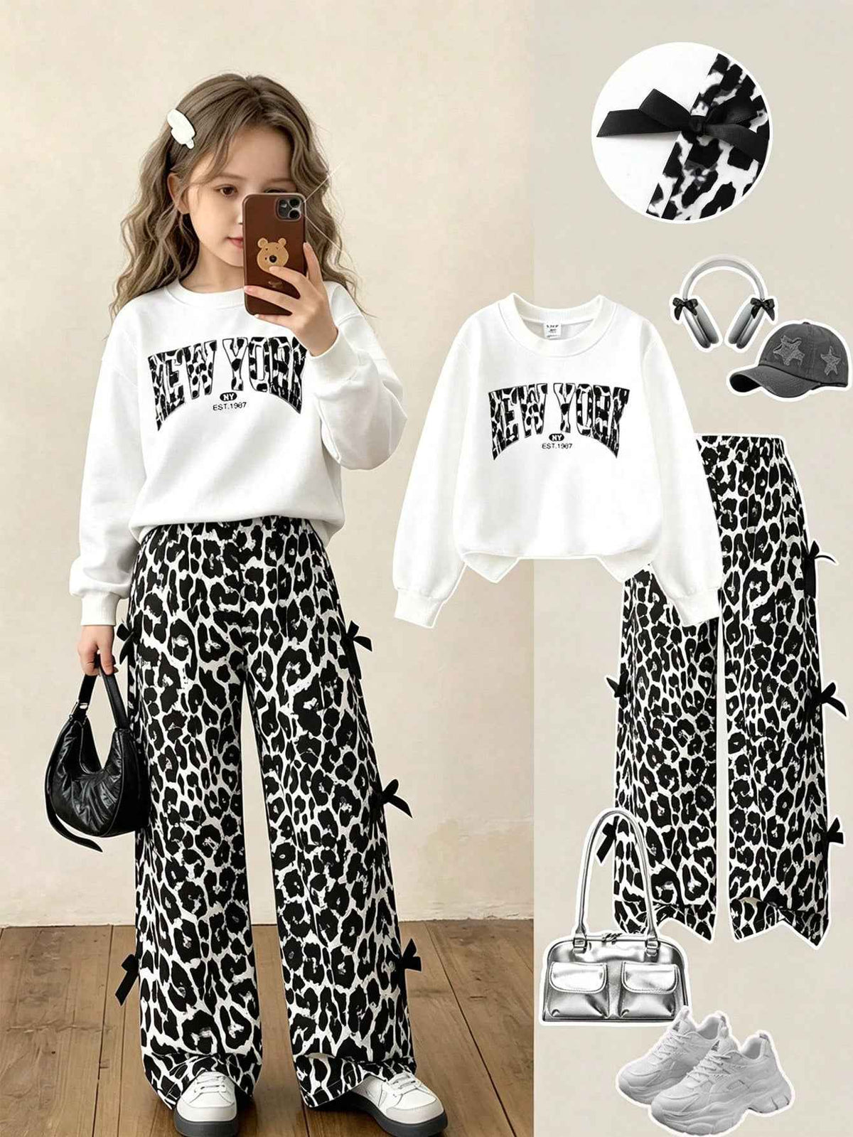 Girls 2 Piece Outfit Set Letter Print Crew Neck Long Sleeve Sweatshirt & Leopard Print Wide Leg Pants