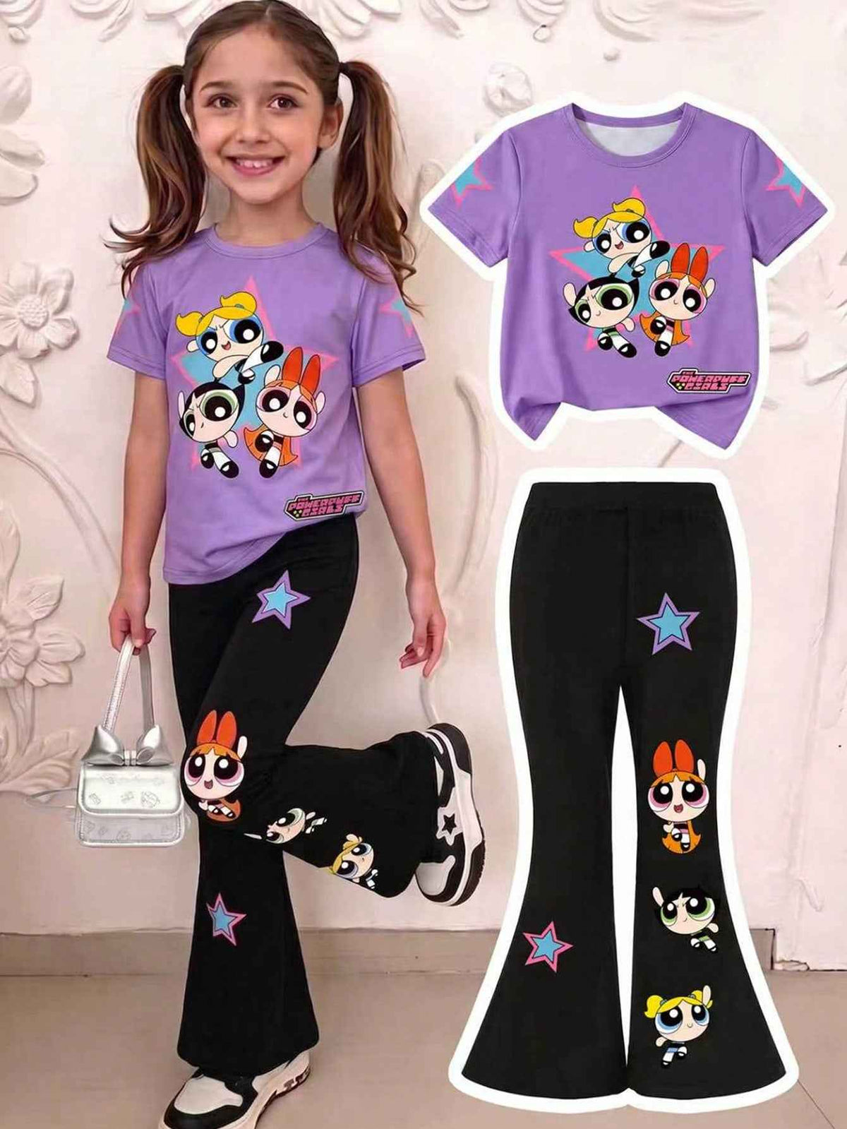 Girl Leopard Print Bow Graphic T-Shirt And Flare Pants Set